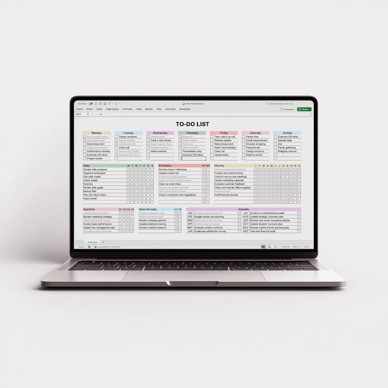 Digital Excel planner template with task tracking system for daily weekly and monthly organization, featuring simple layout, checkboxes, and customizable headers, shown on a desktop workspace