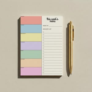 May include: A pastel-colored weekly menu notepad with sections for each day of the week and a grocery list. The notepad is next to a gold pen on a neutral background. The notepad has the text "this week's menu".
