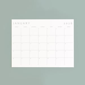 Calendrier mensuel minimaliste 2026 : A4, A3, lettre, grand livre (téléchargement numérique)