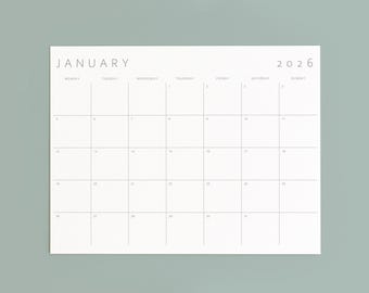Calendario mensual minimalista 2026: A4, A3, Carta, Libro mayor (Descarga digital)
