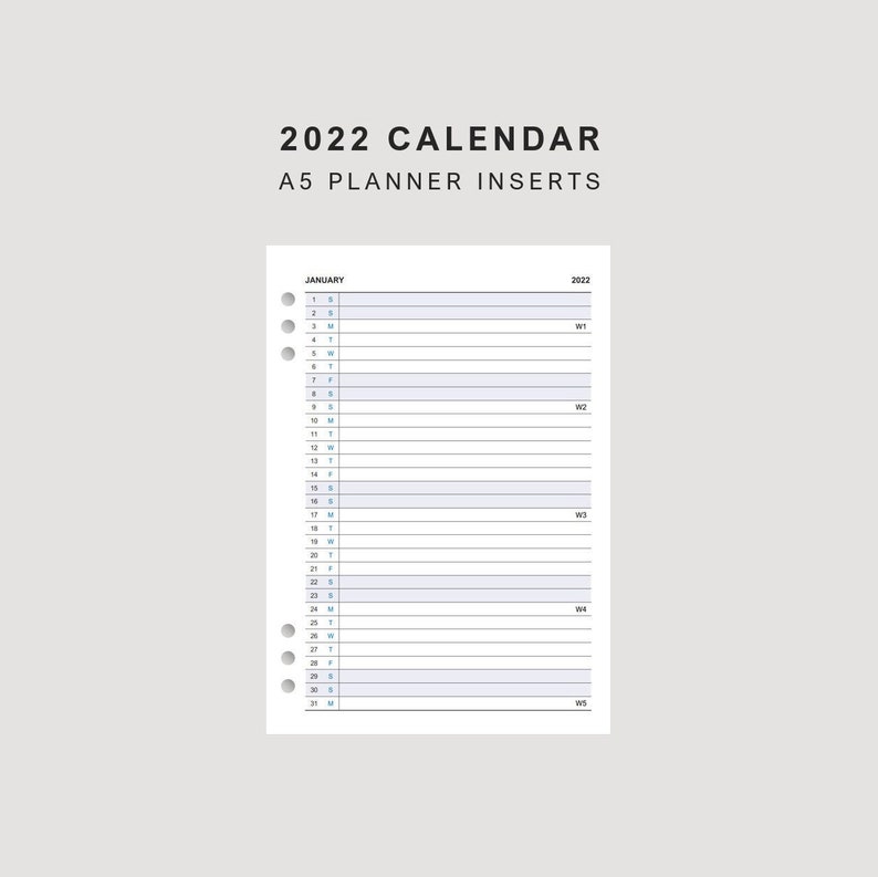 Printable A5 Planner Inserts Calendar 2022 Refill Pages Etsy