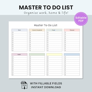 May include: A white Master To-Do List printable with sections for work, home, finance, and personal tasks. The document includes checkboxes for each task and the text "Organize work, home & life!" and "With fillable fields instant download."