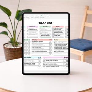 Microsoft Excel to do list and task tracker spreadsheet with organized sections for short term and long term planning, including checkboxes and editable fields, displayed in a clean grid format