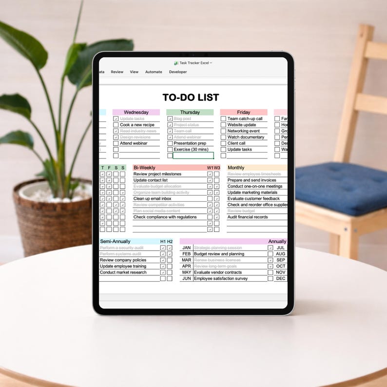Microsoft Excel to do list and task tracker spreadsheet with organized sections for short term and long term planning, including checkboxes and editable fields, displayed in a clean grid format