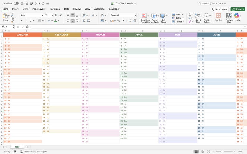 Colorful 2026 digital planner spreadsheet open in Google Sheets showing yearly overview and event columns