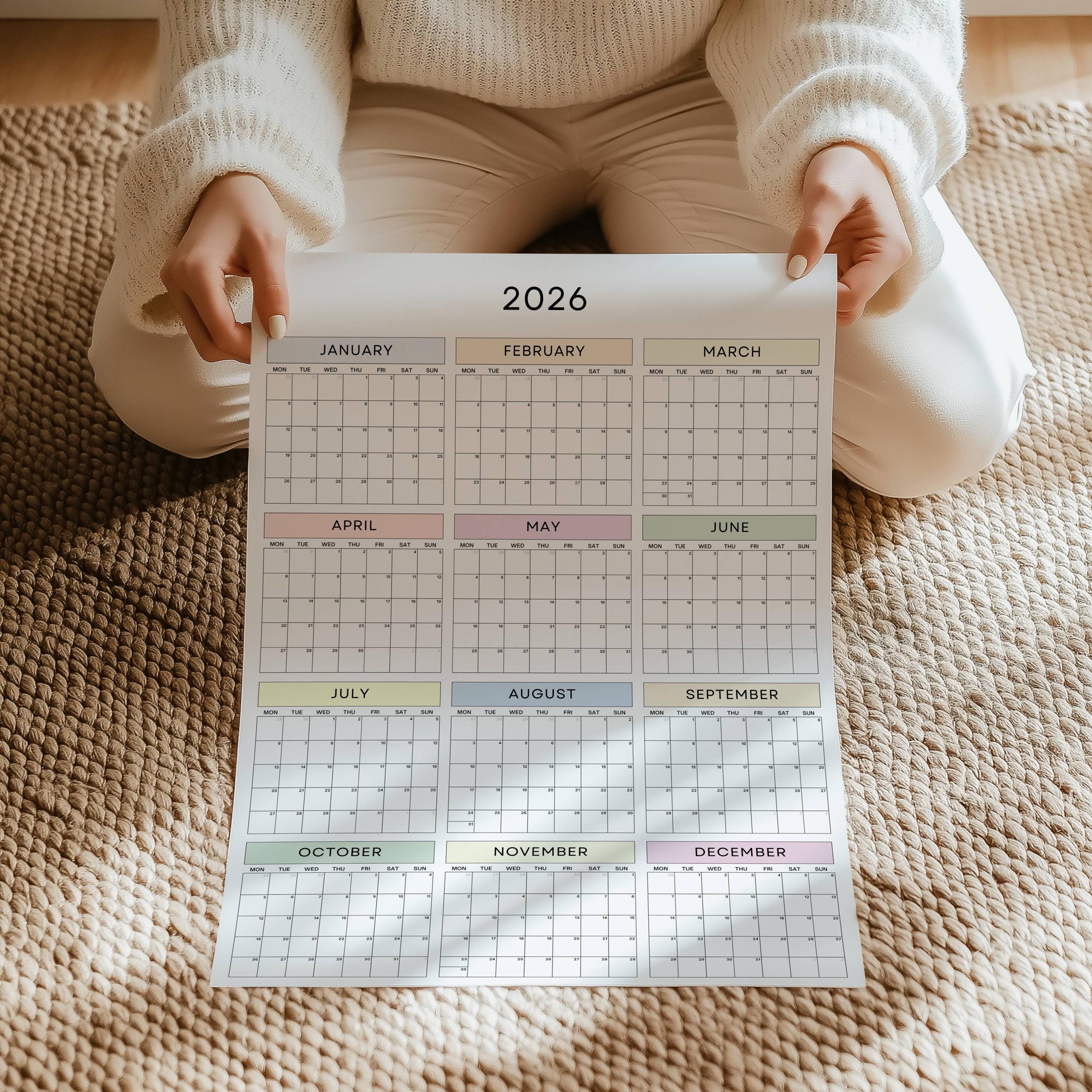 2026 Minimalist Wall Planner Poster Portrait | Pastel Year-at-glance ...