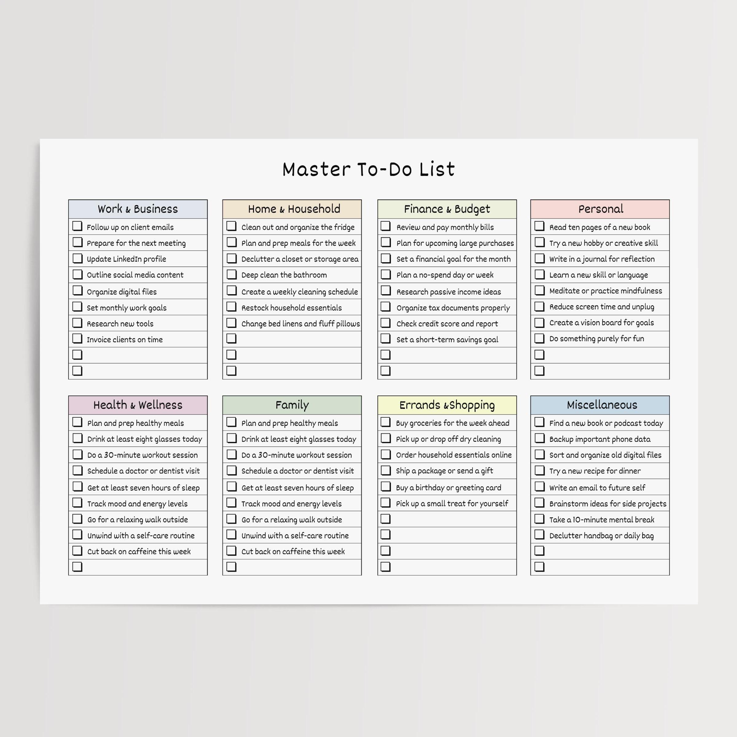 Master To-Do List PDF - Up 8 Categories, Colorful Pastel Checklists, A4 & US Letter, Digital Download, Landscape Format, Printable Todo List