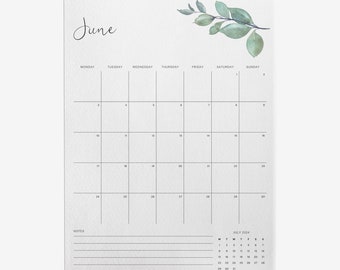 2024 Calendar Printable Vertical Calendar 2024 Watercolour Greenery Eucalyptus Leaves | Letter, A4, A3 | Monday & Sunday Start Download PDF