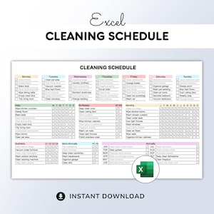 Customizable Cleaning Schedule Template: Colorful Excel Checklist (Digital Download)