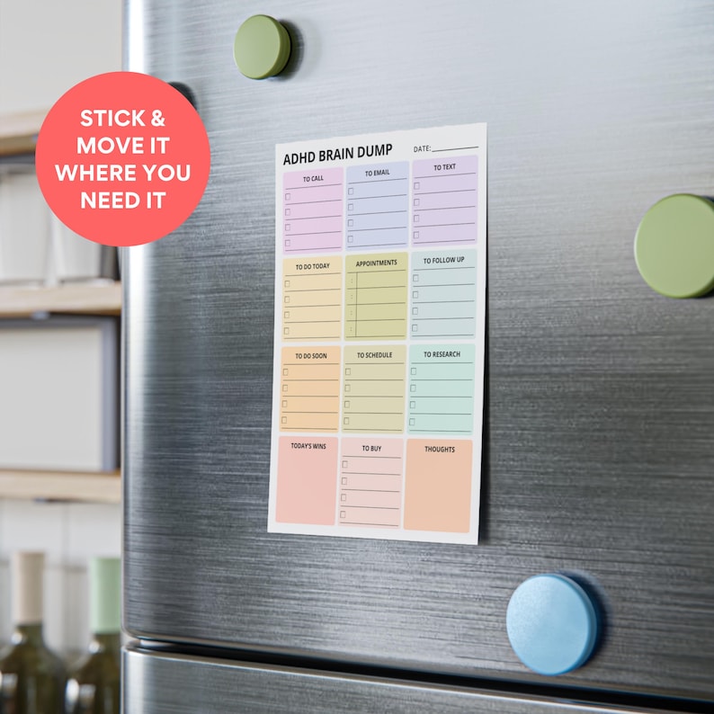 Rainbow-colored pastel sticky note pad for ADHD brains with sections for tasks, thoughts, reminders, ideas, and notes, 4x6in portable size, structured layout, and daily planning support.