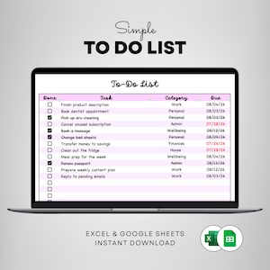 Lista de tareas sencilla para realizar un seguimiento de tareas digitales en Excel y Google Sheets con categorías.
