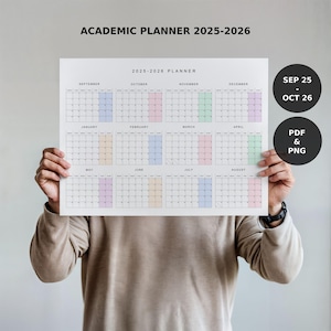 2025-2026 Academic Year Calendar, Large Wall Planner PDF, Sep 25 - Aug 26, Printable At-a-Glance, Pastel, Mon & Sun Start, Colorful