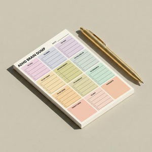 Overhead view of an ADHD brain dump sticky note pad against a neutral background, displaying a portrait 4x6 layout with multiple labeled sections designed to capture notes, ideas, and daily tasks.