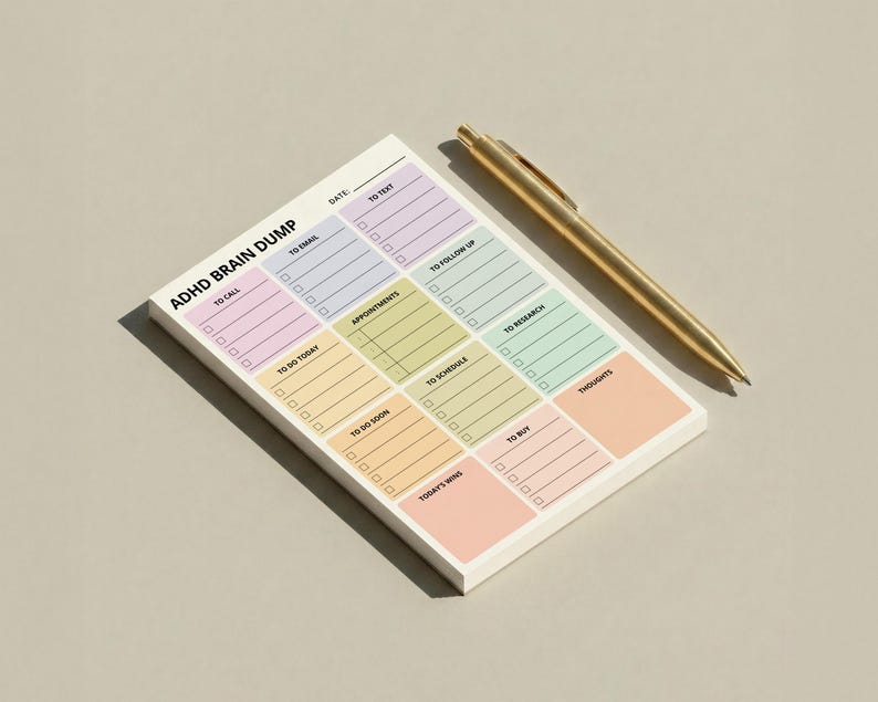 Overhead view of an ADHD brain dump sticky note pad against a neutral background, displaying a portrait 4x6 layout with multiple labeled sections designed to capture notes, ideas, and daily tasks.