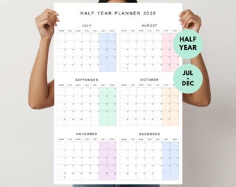 6 Month Wall Calendar 2026 Minimalist Poster Planner Jul–Dec