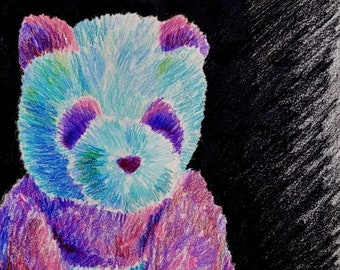 Colorful Panda Stuffed Animal Art Print Colored Pencil Drawing by Cassandra Brown