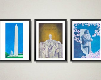 DC Monuments Art Print Set, Washington, Lincoln, MLK (8.5" x 11")