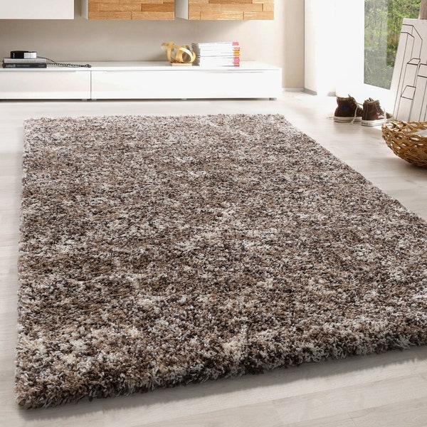 Tapis Shaggy à poils longs doux soft pour salon taupe beige mocca crème tacheté