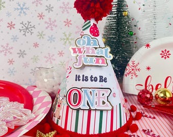 Oh What Fun It Is to Be Party, Christmas Birthday Hat, 1st Christmas Party Hat, Pink Mint Christmas, Winter Birthday, December Brthday 0021
