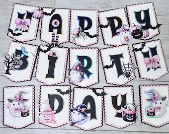 Halloween Birthday Banner: Pink Ghost Birthday, Spooky Party Decor, Pastel Halloween 0019