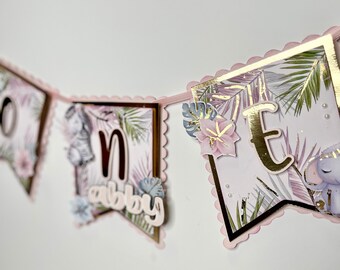 Safari First Birthday Highchair Banner, Pink & Gold Animal Decor