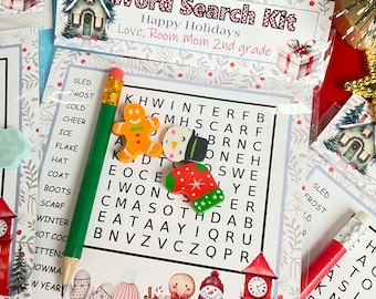 DIY Winter Word Search Kit – Holiday Pencil & Erasers, Classroom Favors