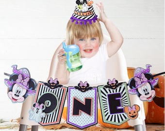 Banner de Minnie para Halloween, Banner de trona de Minnie, Banner de Halloween, Decoraciones de Halloween, Mickey Halloween, Primer cumpleaños de Halloween 0020