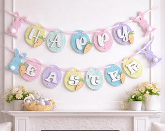 Easter Egg Banner, Bunny Garland, Happy Easter Banner, Spring Party Decor, Easter Decorations, Spring Banner, Pastel Easter Banner