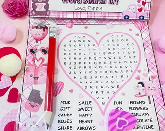 Personalized Valentine Word Search Kit for Kids, Non-Candy Classroom Valentine Gift & Fun School, Valentine Activity Sheet, Classroom Favors