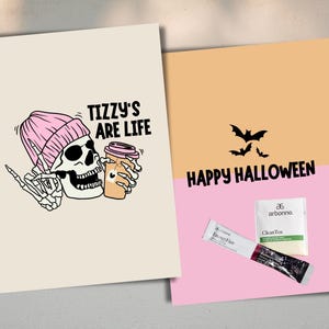 Arbonne Tizzy Halloween-kaart 5 x 7 inch | Skelet met Tizzy | Fizz Sticks & Detox Thee | ALLEEN digitale download