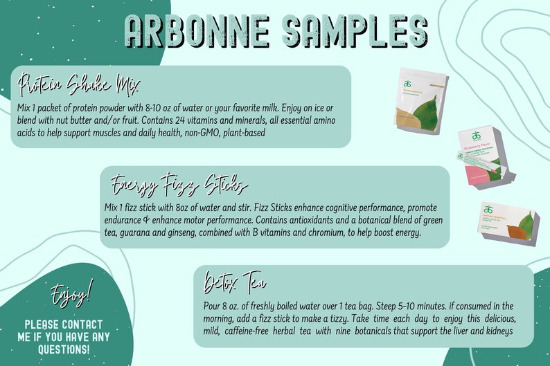 Sample Card Download Protein, Fizz Sticks, Detox Tea Digital Download ONLY Print Arbonne