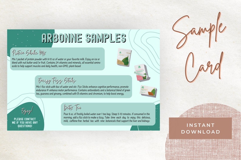 Sample Card Download Protein, Fizz Sticks, Detox Tea Digital Download ONLY Print Arbonne