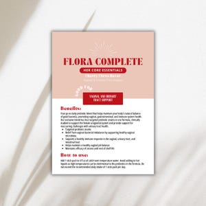 May include: A pink and white product information card for "FLORA COMPLETE", promoting "Cherry Citrus flavour" and "Vaginal & Urinary Tract Support." The card lists benefits, such as targeted probiotic strains and support for vaginal health. Instructions for use are also provided.