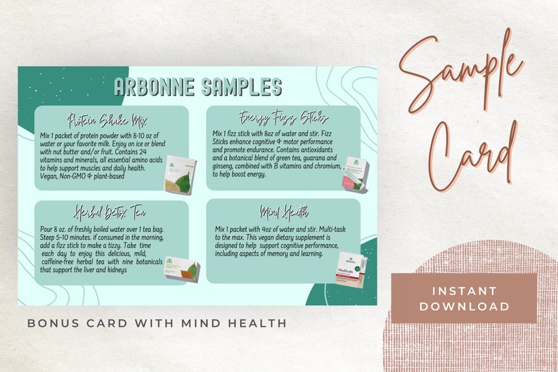 Sample Card Download Protein, Fizz Sticks, Detox Tea Digital Download ONLY Print Arbonne