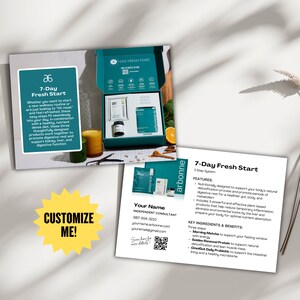 Puede incluir: Una caja abierta de color verde azulado con productos Arbonne, una tarjeta con el texto "7-Day Fresh Start" y una pegatina amarilla "Customize Me!". La caja contiene botellas y paquetes. La tarjeta detalla las características y beneficios del producto.