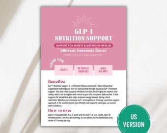 May include: A pink and white informational card with the text "GLP-1 Nutrition Support" and "hibiscus lemonade flavor." The card details benefits and usage instructions, with a green "US VERSION" seal.