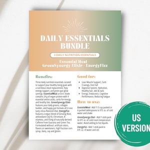 Lot Essentiels du jour | Repas Essentiel Arbonne, élixir GreenSynergy, Energy Fizz - Version US | Carte de 5 x 7 pouces | Téléchargement numérique uniquement