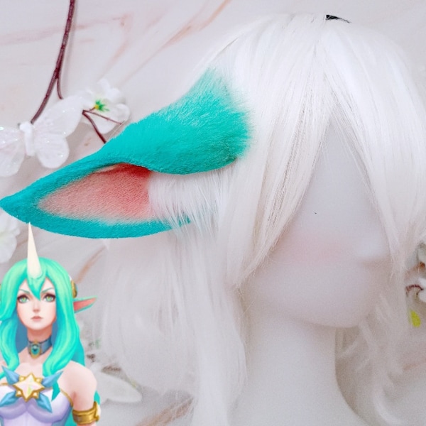 Star Guardian Soraka ears in turquoise blue tones kawaii cute kitten cosplay blonde golden lol league cosplay