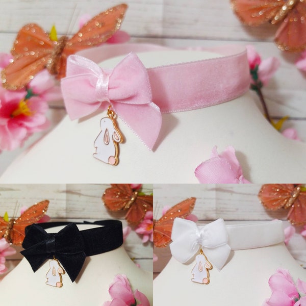 Simple velvet choker with white rabbit pendant neko necklace kawaii cute pastel goth alternative pink black purple white peach