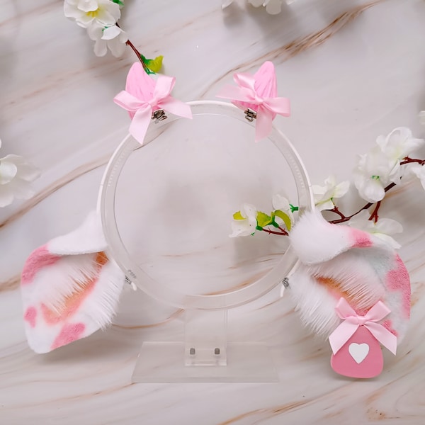 Fluffy kawaii pink cow ears with detachable horns and cow tag kawaii cute kitten cosplay