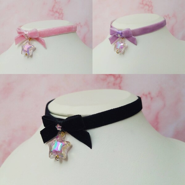 simple Choker en velours avec pendentif étoile en cristal collier neko kawaii mignon pastel goth alternatif rose noir violet blanc pêche