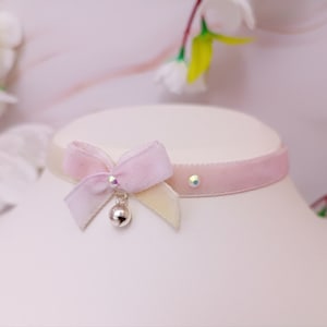 rainbow 10mm wide velvet choker with tiny bell pendant neko necklace kawaii cute pastel goth alternative pink black purple white peach