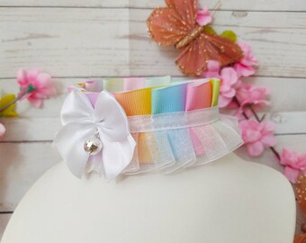 pastel rainbow choker with tiny bell and organsa ruffle kawaii cute pastel goth choker