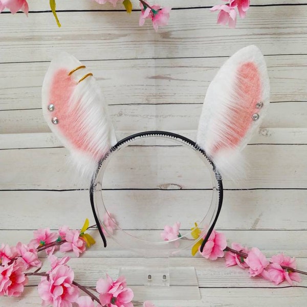 Mini oreilles de lapin blanches avec cristaux et boucles d’oreilles kawaii mignon chaton cosplay