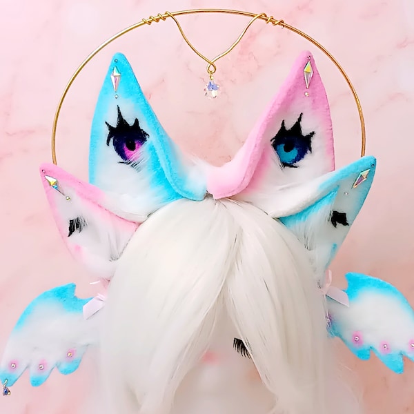 Angel series , duo color double ears with wings and halo, Pink blue kawaii cute kitten cosplay fox kitsune