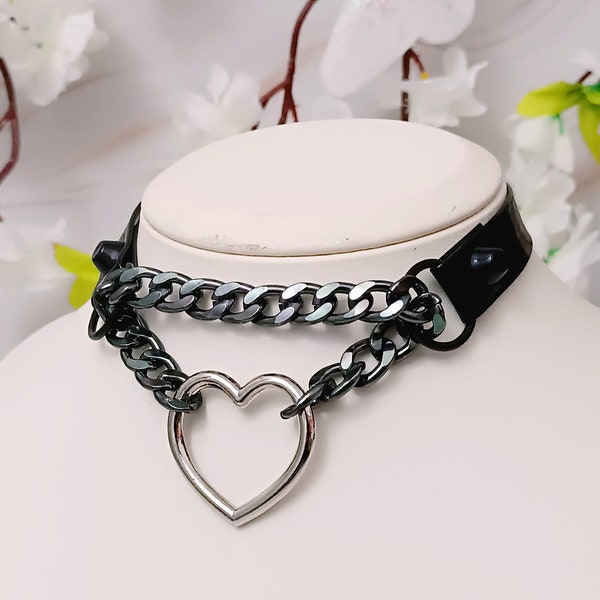 Martingale collier de chaîne choker avec anneau de coeur épais kawaii mignon pastel goth alternative mode festival noir