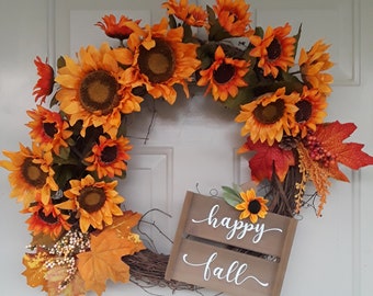 Couronne de tournesol, couronne d’automne avec le signe, décor à la maison, signe heureux d’automne, couronne de tournesol avec le signe