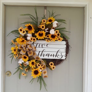 Corona de girasol, corona de algodón, arco de arpillera, corona de otoño, corona de vid, signo de agradecimiento, decoración de Acción de Gracias, corona con girasoles