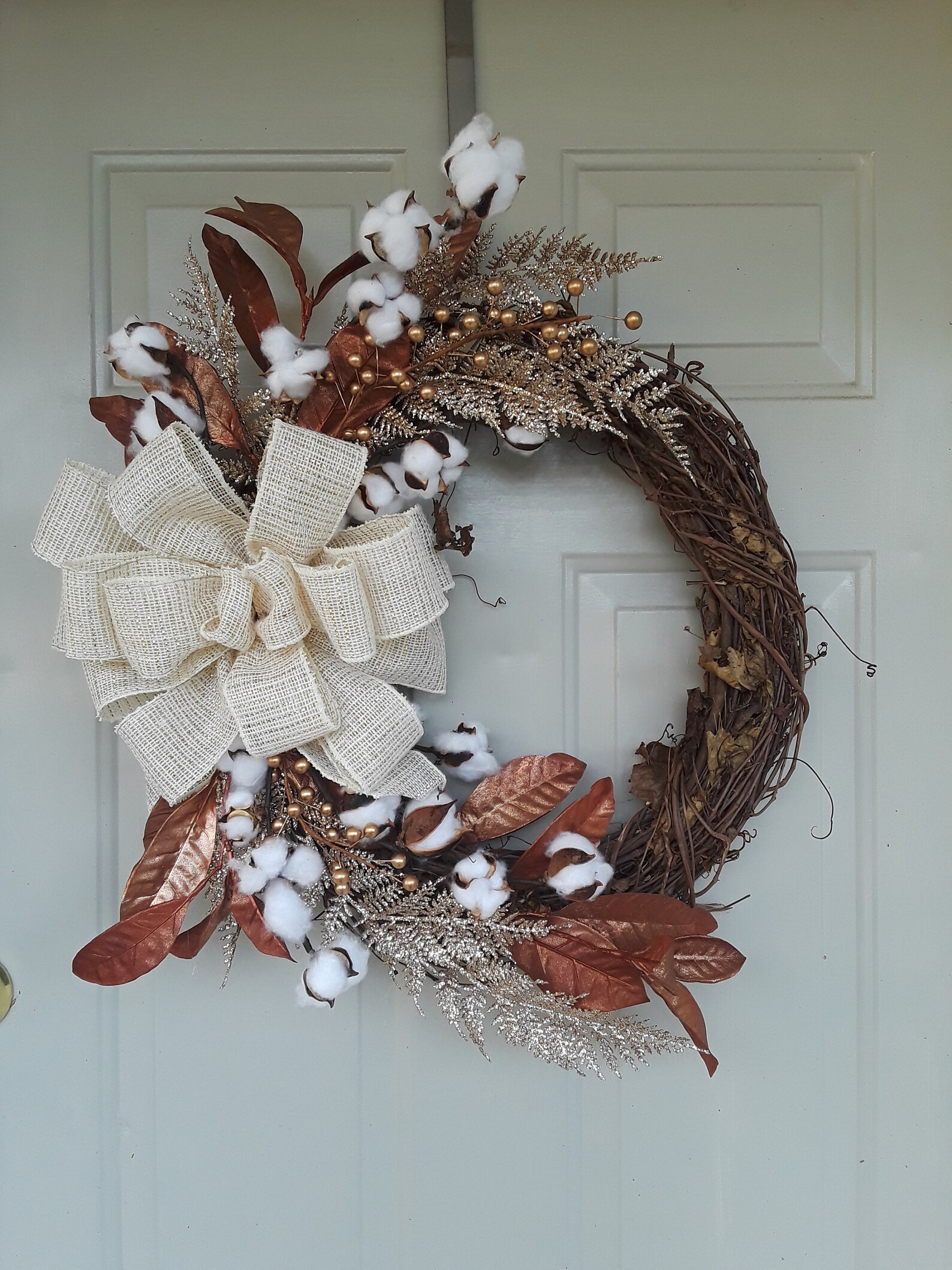 Cotton Wreath Gold Copper Leaves Half Wreath With Bow Fall Etsy