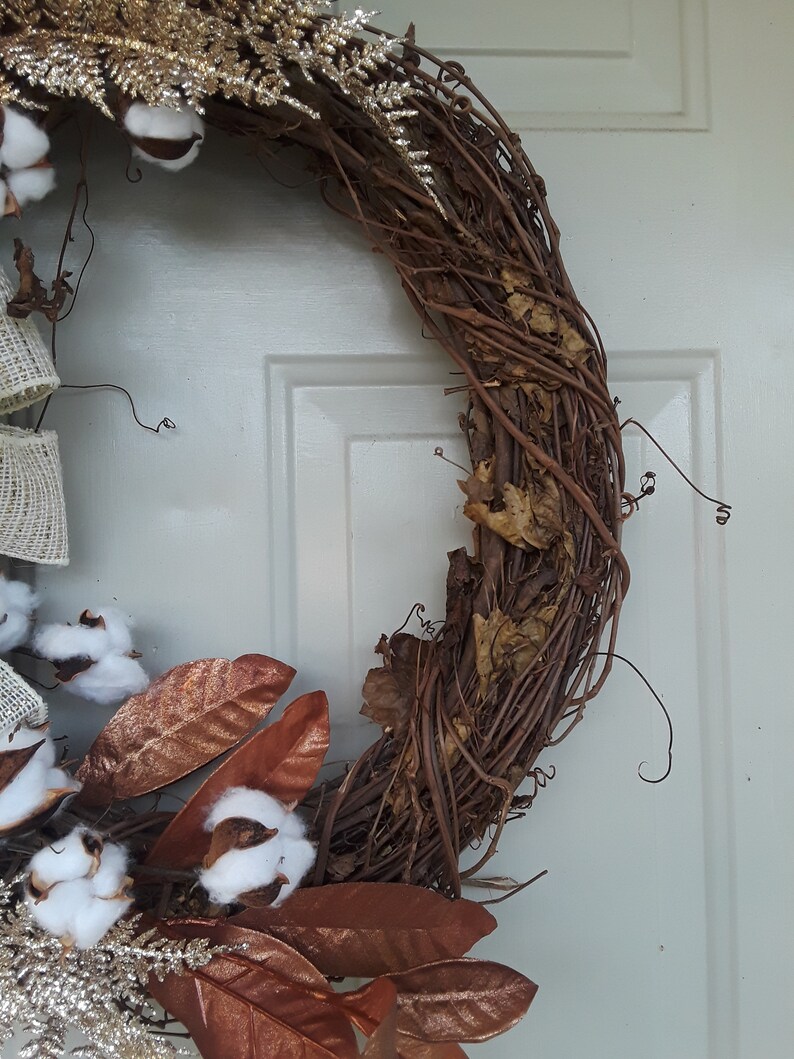 Cotton Wreath Gold Copper Leaves Half Wreath With Bow Fall Etsy